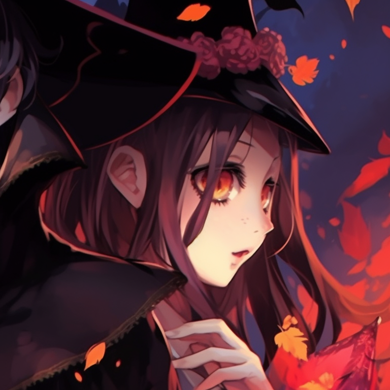 Two characters with witch hats, vibrant color palette and intricate details, casting a spell. jjk matching pfp halloween theme inspiration pfp for discord.