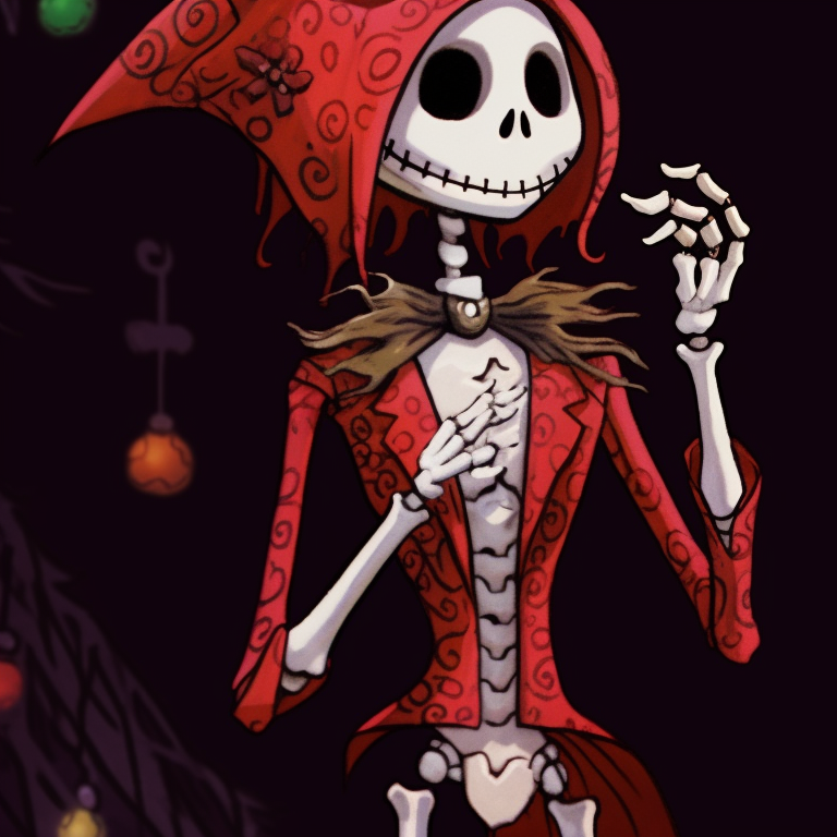 Two skeletons with crimson Santa hats, contrasting the stark whiteness of the bones. holiday themed matching christmas skeleton pfp pfp for discord.