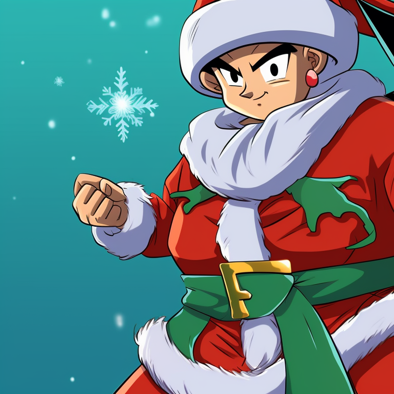 Two characters, wearing Santa hats, dynamic expression, stark color contrast, face-to-face. top matching christmas dragon ball pfp themes pfp for discord.
