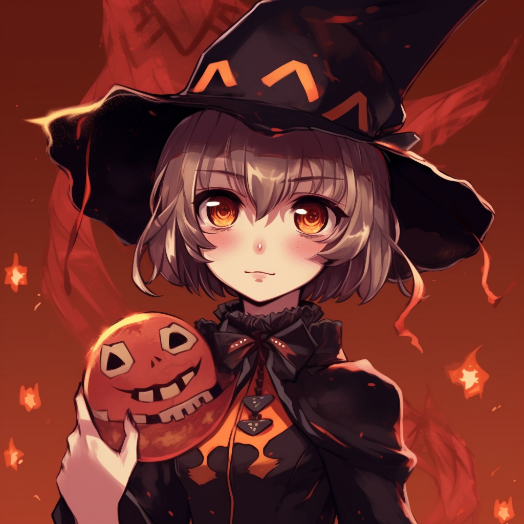 A young anime girl dressed as a witch, with dark colors and detailed costume design. anime girl halloween pfp