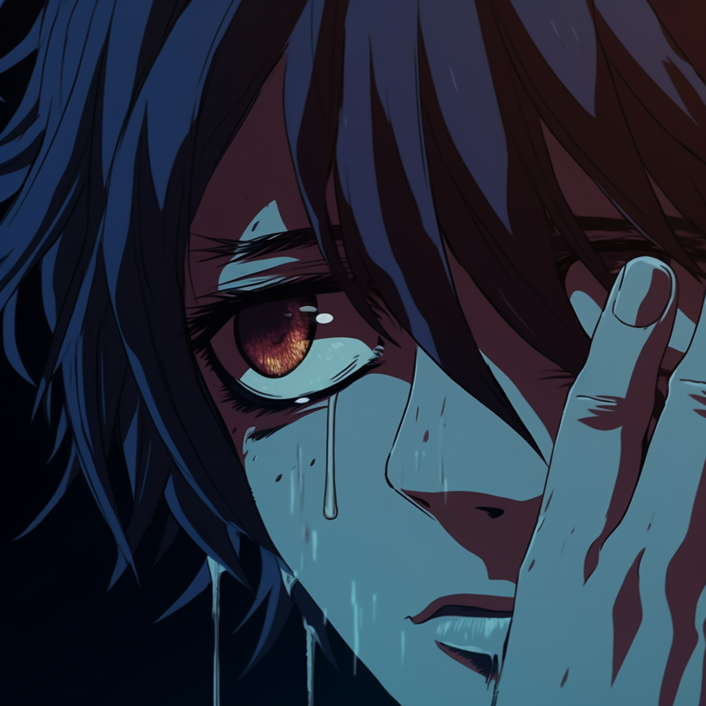 Profile of character crying under a cherry blossom tree, soft colors and traditional Japanese art references. poignant crying anime pfp pfp for discord.