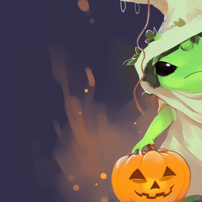Two frog characters on a lily pad, moonlight and misty background, one frog wearing a sheet ghost costume, the other a skeleton suit. unique matching frog pfp halloween theme styles pfp for discord.