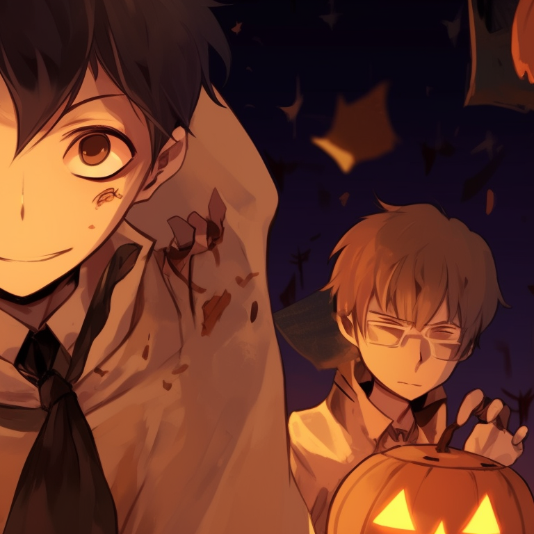 Characters in combat-ready stance, Halloween-inspired attire with striking details. halloween special aot matching pfp pfp for discord.