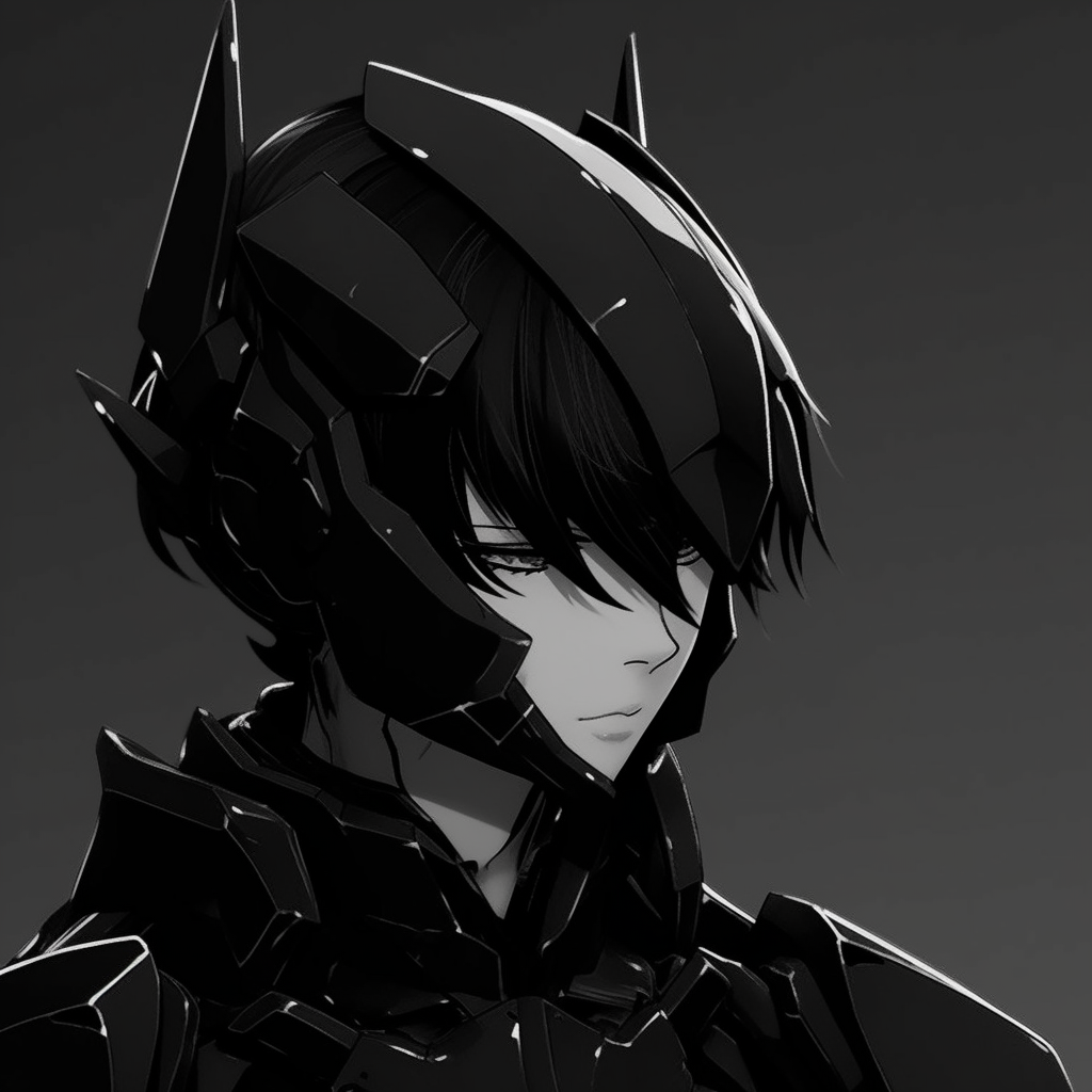 Futuristic fighter, side profile in solid black, angular armor detailing. anime black pfp for boys pfp for discord.