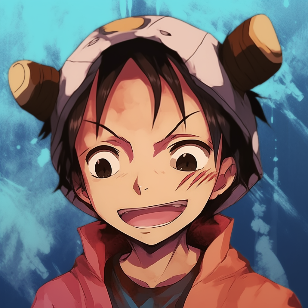 Luffy from One Piece laughing out loud, dynamic pose and bright colors. brainstorming funny anime pfps