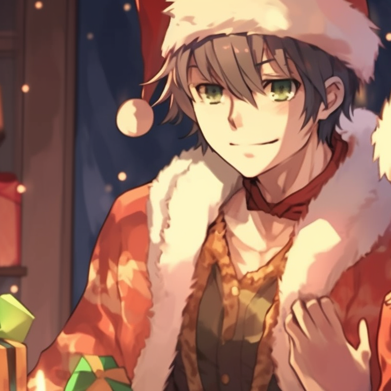 Two characters in elf outfits, intricate details on the costumes, in a decorated room. festive matching christmas pfp anime pfp for discord.