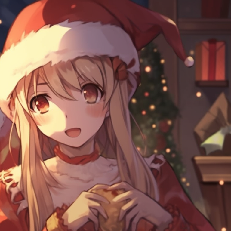 Two characters in elf outfits, intricate details on the costumes, in a decorated room. festive matching christmas pfp anime pfp for discord.