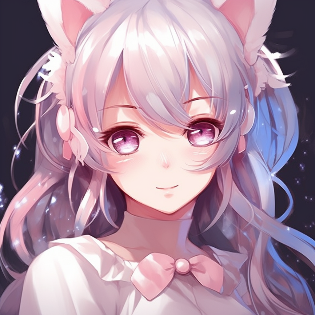 An anime girl character with adorable cat ears and sparkling eyes, highlights the use of pastel color palette. charming girl anime pfp