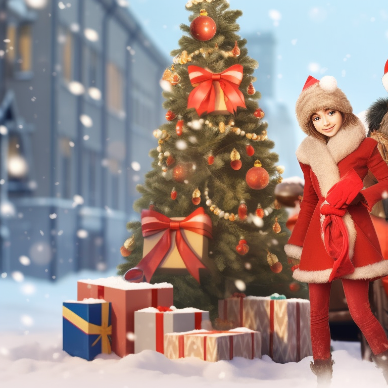 Close up of two characters, shared scarf and warm holiday colors, beside a vintage car with Christmas decor. beloved holiday car matching guides pfp for discord.