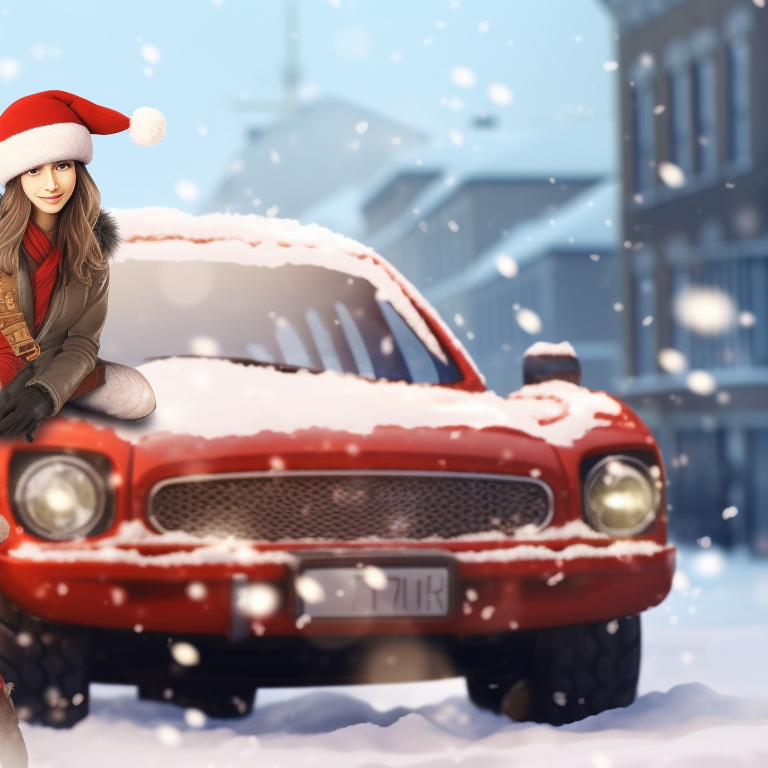 Close up of two characters, shared scarf and warm holiday colors, beside a vintage car with Christmas decor. beloved holiday car matching guides pfp for discord.