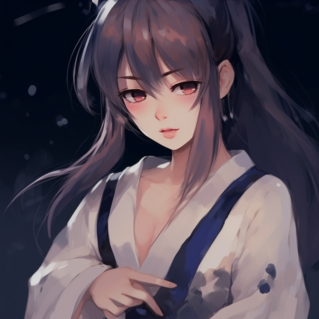 Peaceful setting focusing on the Kimono Girl under the moon, with a balance of light and darkness. 512x512 anime pfp aesthetic