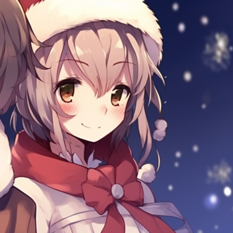 Two characters in holiday attire, warm lighting, decorating a Christmas tree together. adorable matching christmas discord pfp pfp for discord.