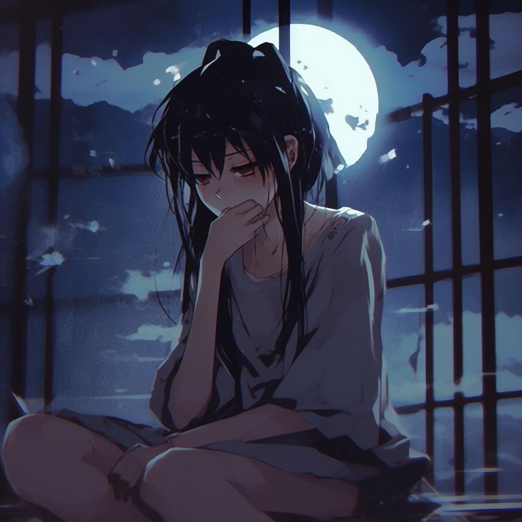 Anime girl sitting under the moonlight, soft gradients and luminescent details. anime girl aesthetics: sad pfp