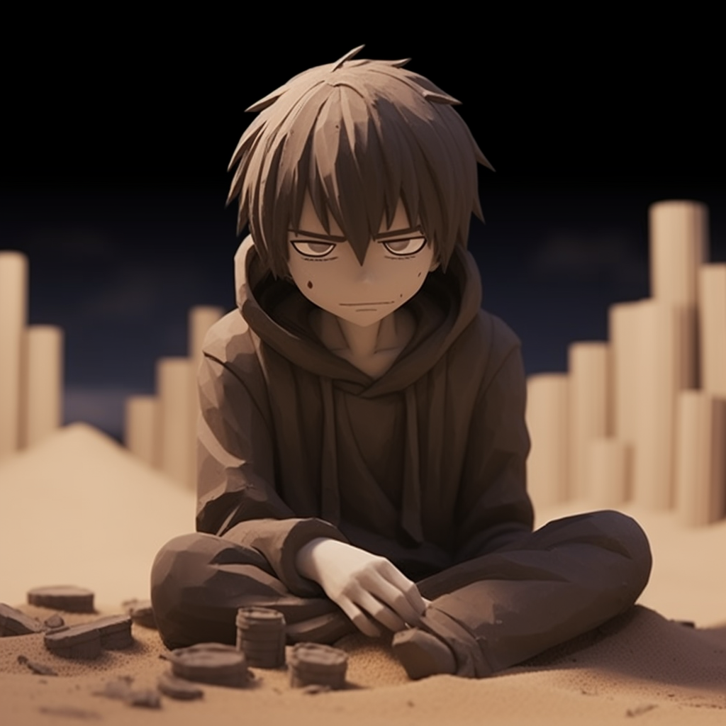 Image of Gaara giving off a feeling of loneliness, utilising a layered sand art style and light color scheme. popular depressed anime characters pfp pfp for discord.