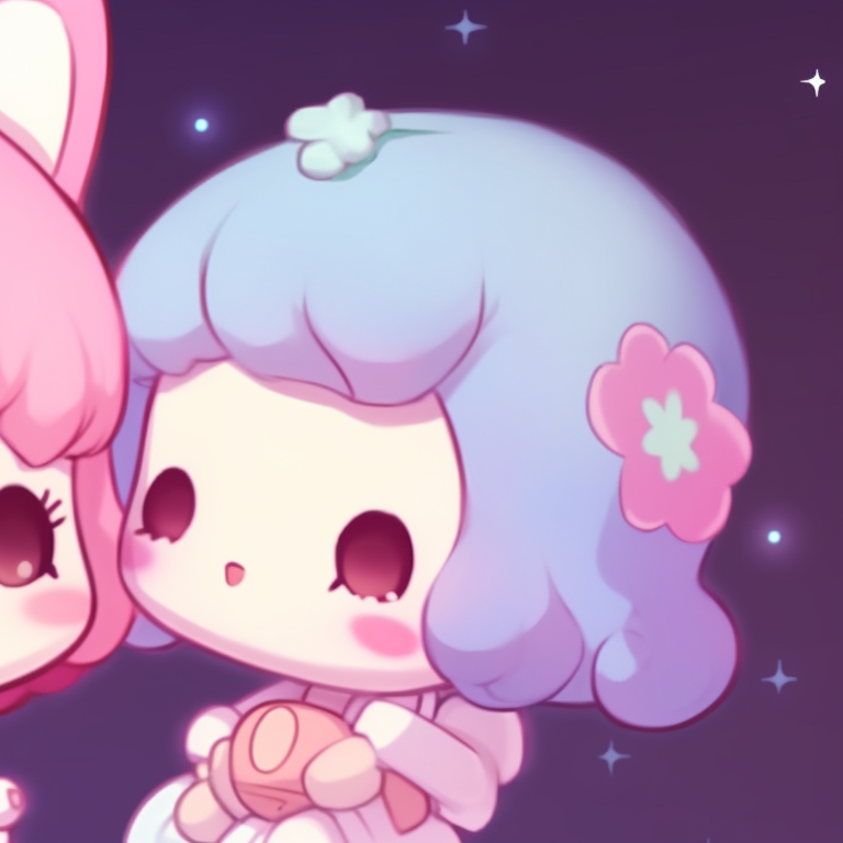 Two Sanrio characters, dynamic poses and vibrant colours, playing together. sanrio creative matching pfp pfp for discord.
