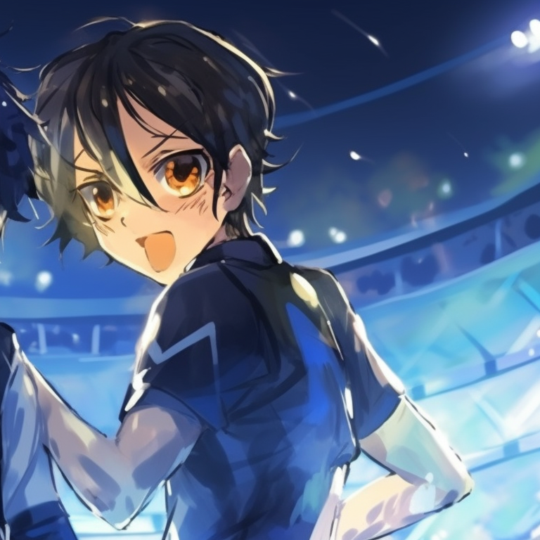 Soccer match in full swing, two characters going head to head, strong lines and active pose. blue lock matching pfp - nagi seishiro pfp for discord.
