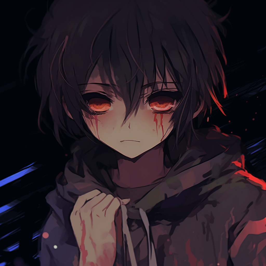 Depiction of anime boy with the reflection of a broken mirror in eyes, detailed focus on reflective surfaces and contrasting colors. mysterious sad anime pfpHD, free download