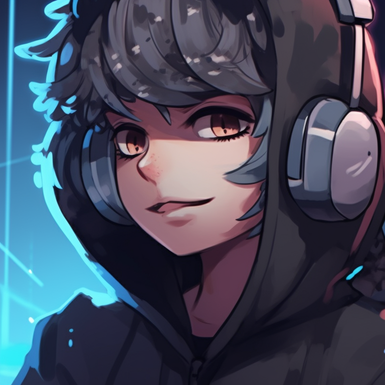 Two characters with cybernetic parts, rugged textures and electric blues, back to back cool matching pfp for duo friends pfp for discord.