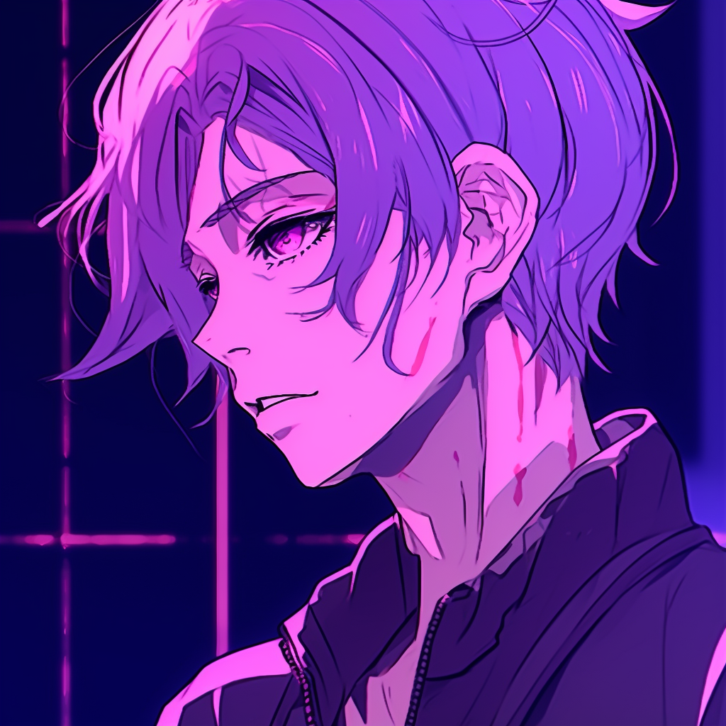 A male anime character with purple hair, cool expression and detailed, soft shading. purple anime male pfp pfp for discord.