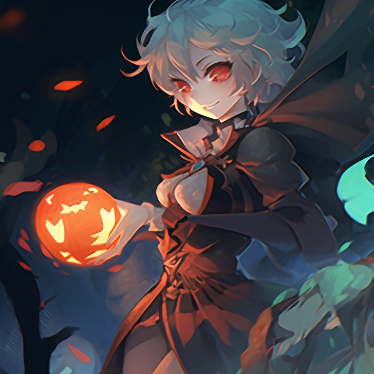 Close-up of two characters, featuring detailed expressions of surprise and delight, dominantly in saturated bright and dark tones accentuating a Halloween themed narrative. genshin impact halloween theme cosplay pfp for discord.