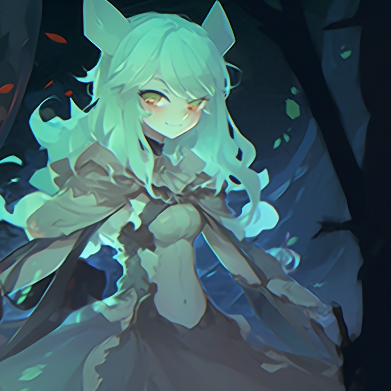 Close-up of two characters, featuring detailed expressions of surprise and delight, dominantly in saturated bright and dark tones accentuating a Halloween themed narrative. genshin impact halloween theme cosplay pfp for discord.