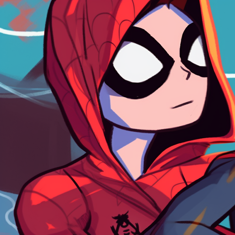 Two young characters, dressed in spider-man inspired outfits, contrasting colors and playful poses. spider man matching pfp for kids pfp for discord.