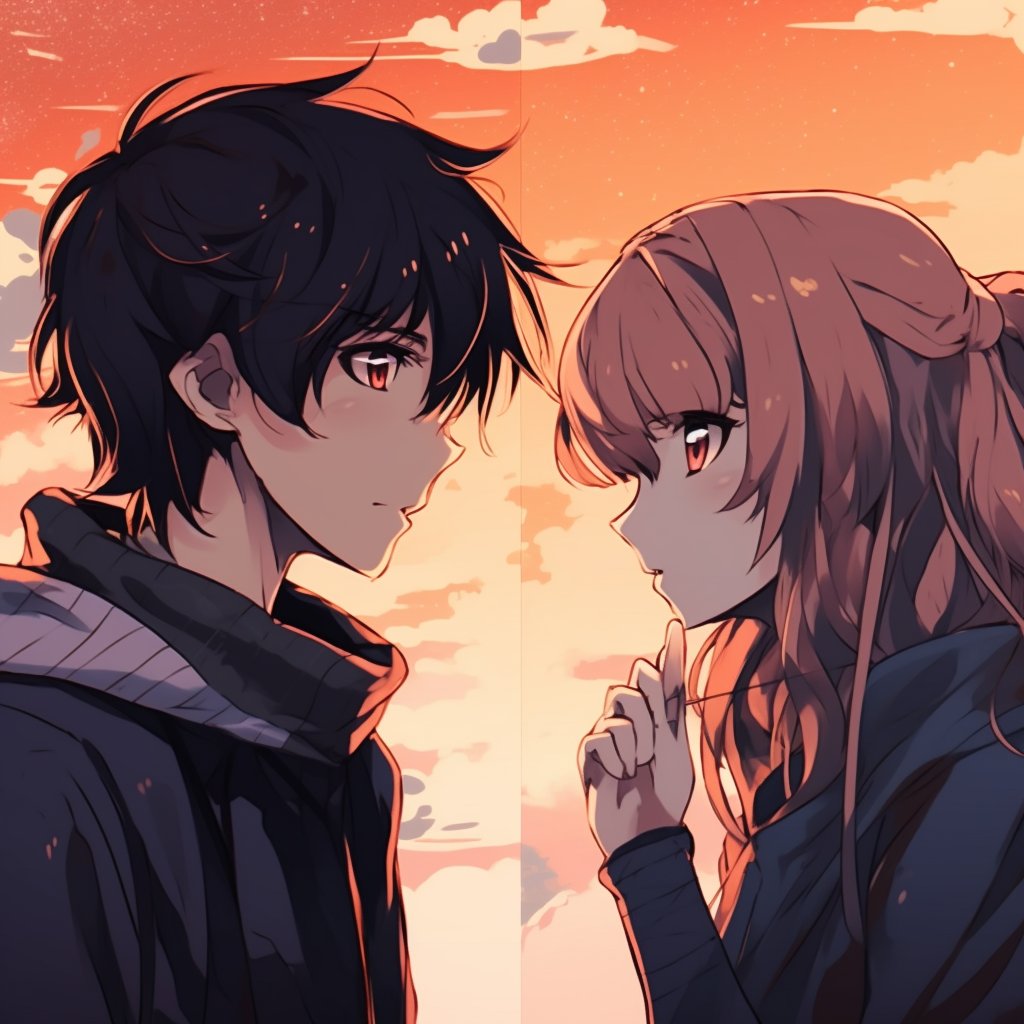illustration of a long-distance anime lovers, represented in split-screen style with gentle hues and soft lines. apart yet together: unique matching anime pfp for long-distance couples