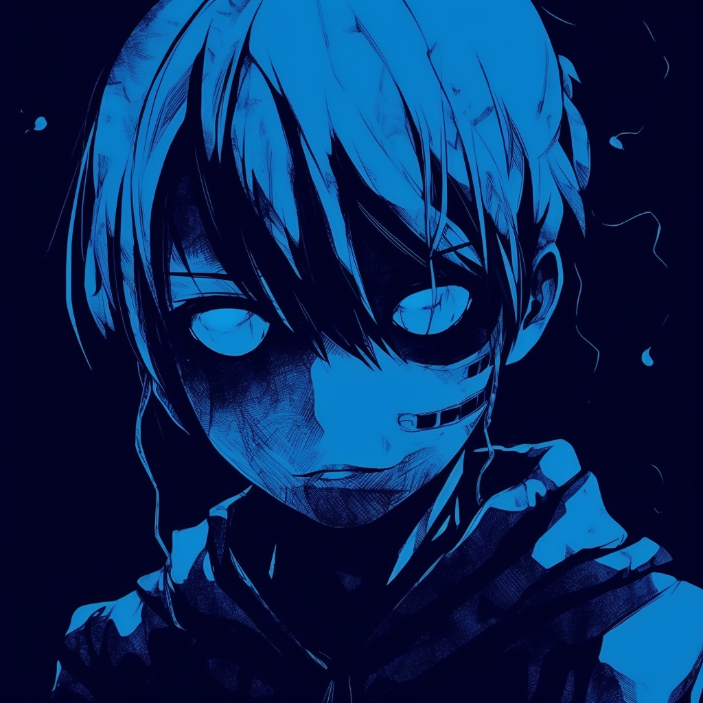 A profile of Kaneki with a chiaroscuro effect, enhanced by the use of blue tones. aesthetic blue anime pfp