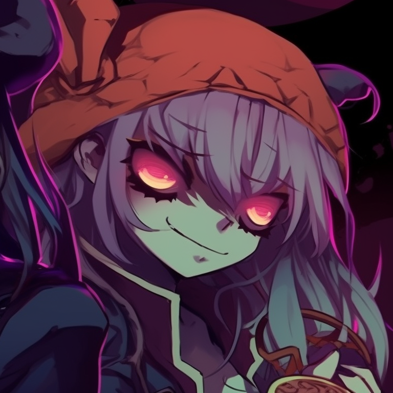 Two characters in ghoulish outfits, dark shades with pops of neon colors. spooky memes for halloween matching pfp pfp for discord.