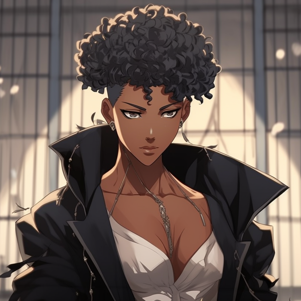 Diva-like black anime character, exquisite attire, and glamorous makeup. glamorous female black anime characters pfp