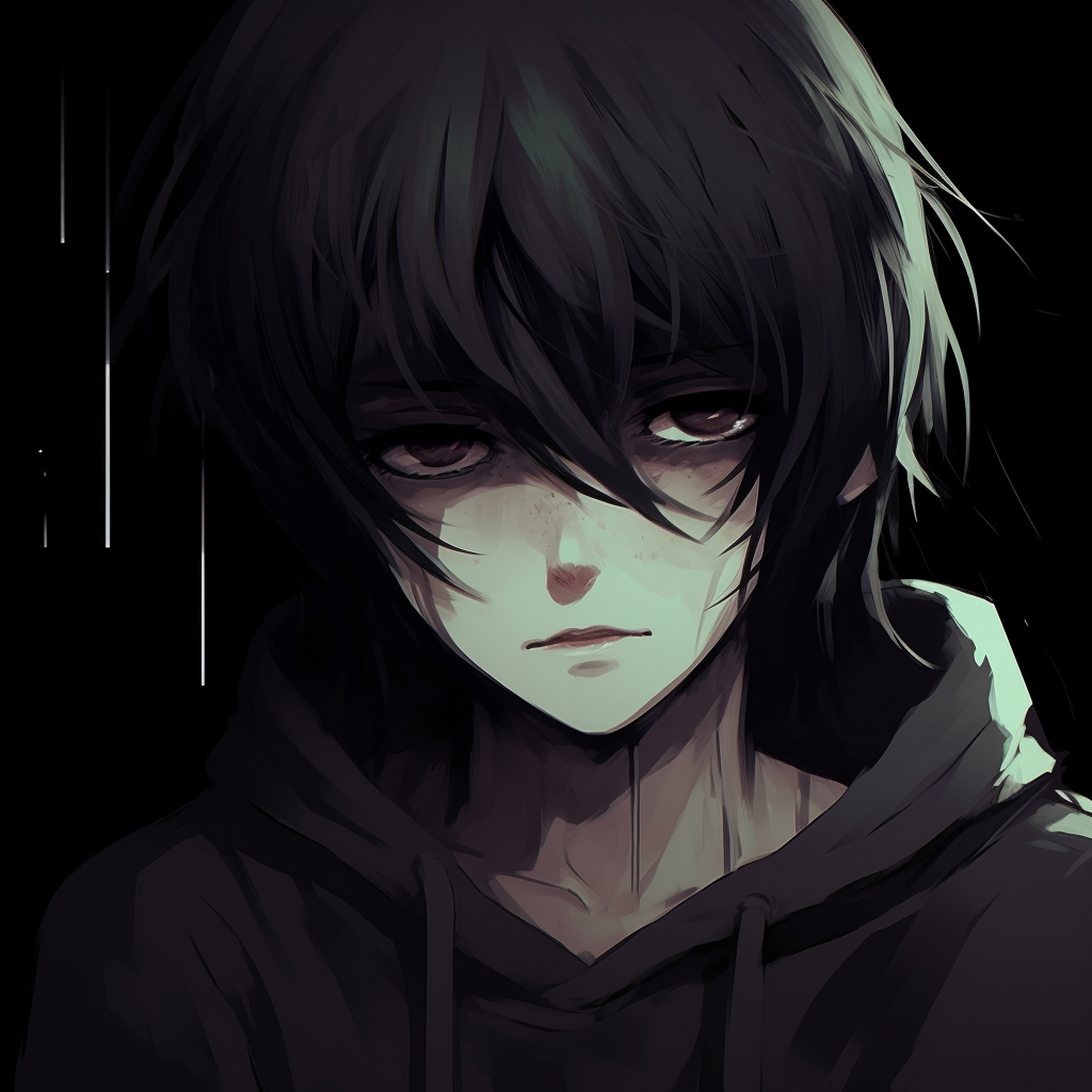 Eyes closed, a frowning anime character pensively positioned, focuses on rich colors and intricate details. artistic sad anime pfpHD, free download