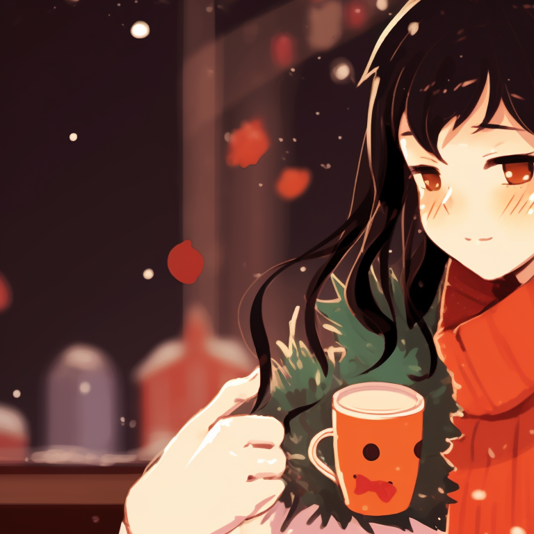 Two characters in cityscape with falling snow, detailed surroundings, cool tones. holiday inspired matching christmas discord server pfp pfp for discord.