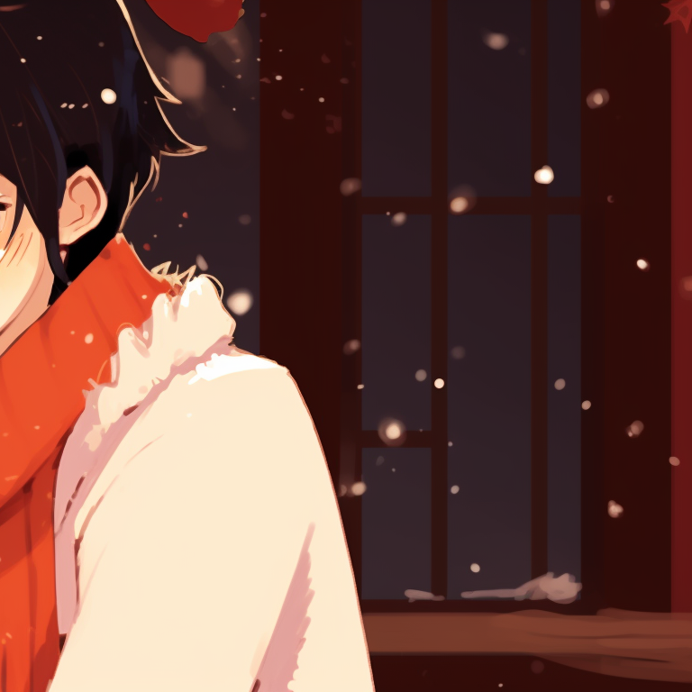 Two characters in cityscape with falling snow, detailed surroundings, cool tones. holiday inspired matching christmas discord server pfp pfp for discord.