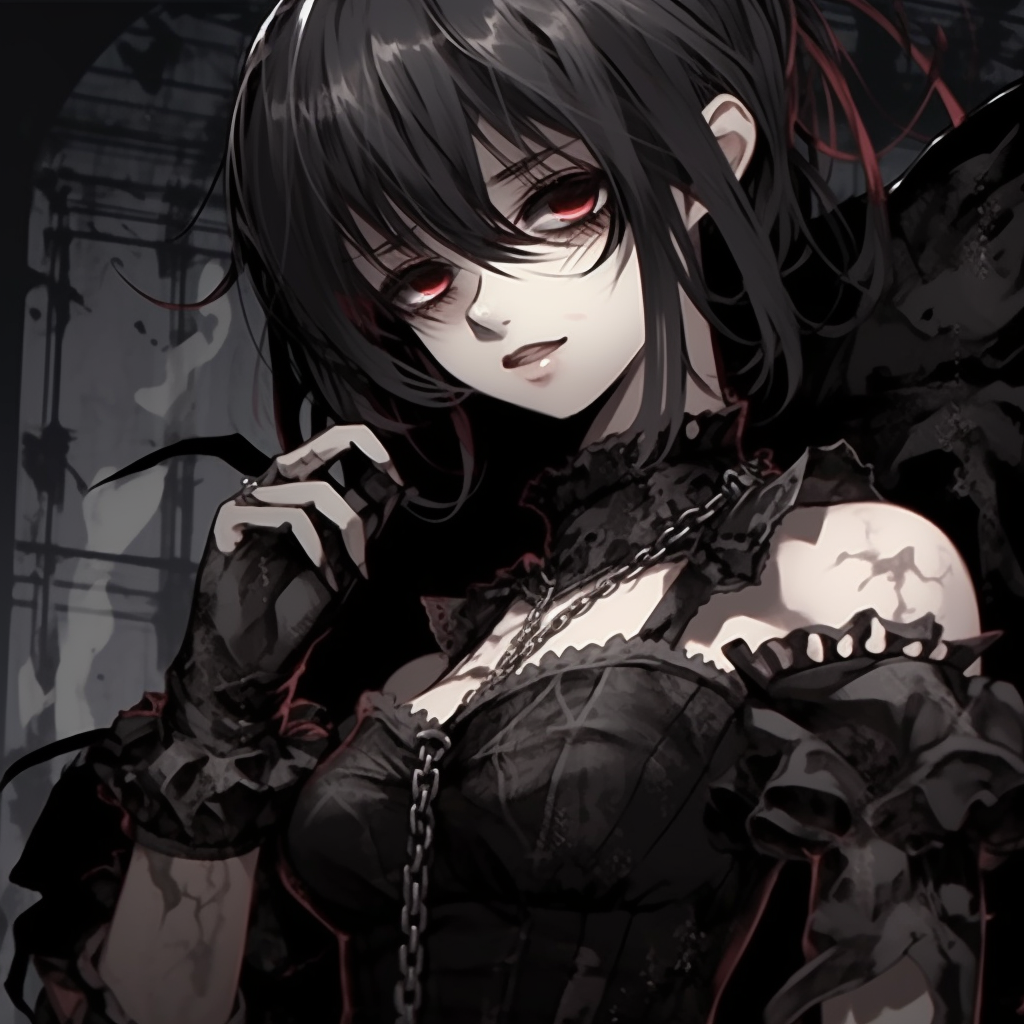 Gothic anime girl with dark eyes, featuring the detailed artistry of gothic anime designs. majestic gothic anime girl pfp