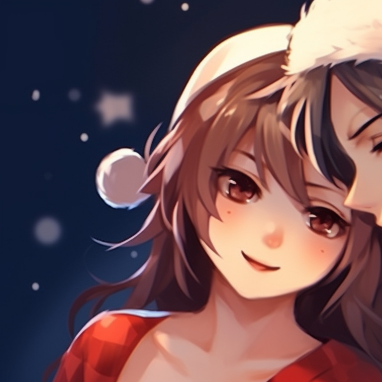 Two characters in Santa outfits, art style presents warm hues and gentle lines, intimate pose. romantic matching christmas couple pfp pfp for discord.