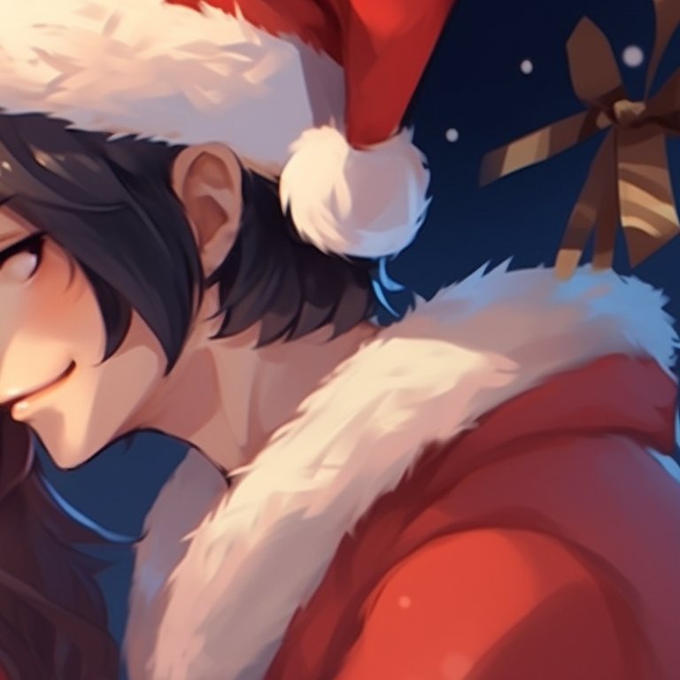 Two characters in Santa outfits, art style presents warm hues and gentle lines, intimate pose. romantic matching christmas couple pfp pfp for discord.