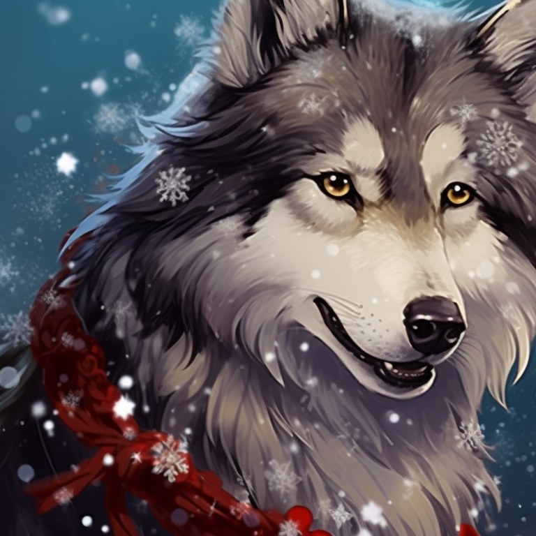 Two wolf characters, snowy landscape and cozy scarves, gazing at a northern lights display. holiday matching christmas wolf pfp pfp for discord.