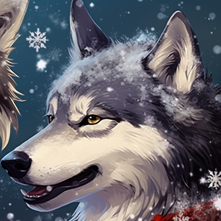 Two wolf characters, snowy landscape and cozy scarves, gazing at a northern lights display. holiday matching christmas wolf pfp pfp for discord.
