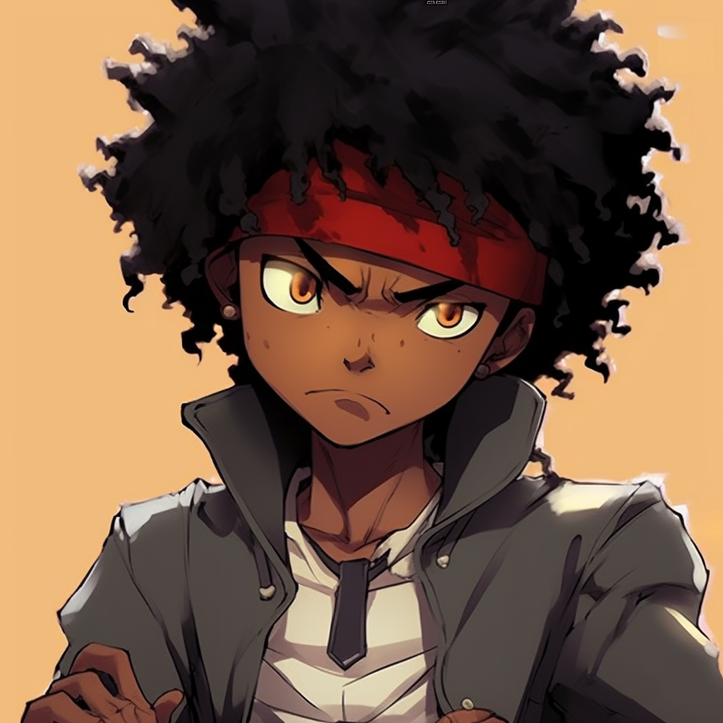 Detailed close up of Philly the Kid, intricate details and contrasting colors. influential best black anime characters pfp