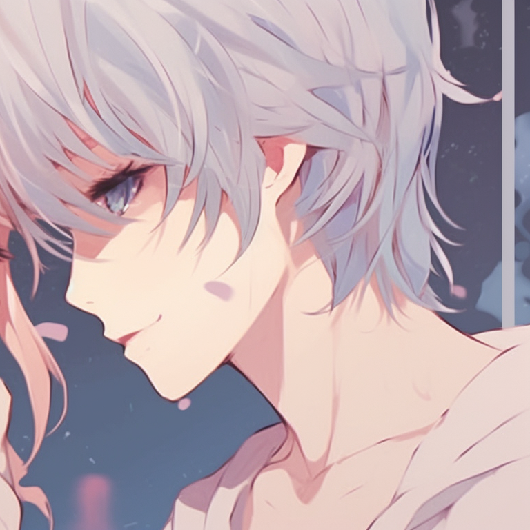 Two characters, pastel palette and soft lines, sharing an intimate gaze. anime pfp matching of lovebirds pfp for discord.