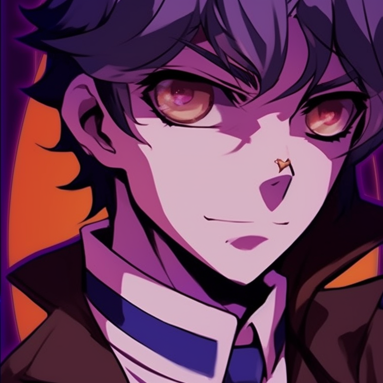 Two Jjba characters in twilight, Halloween costumes, dynamic lines and vivid purples. jjba matching pfp halloween special icons pfp for discord.