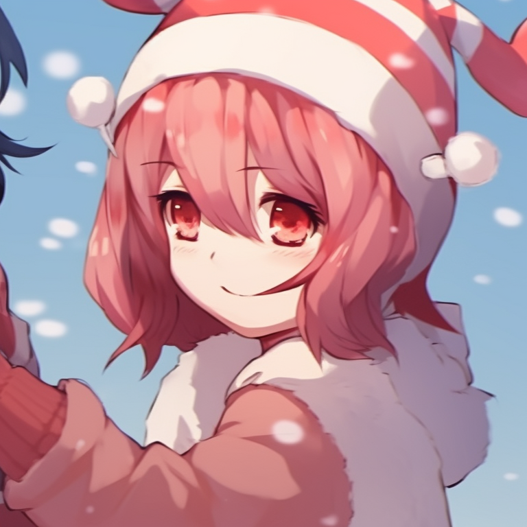Two characters, in candy cane striped outfits, beaming towards each other with sparkles all around; high contrasts and dreamy palette. matching cute christmas pfp for festive couples pfp for discord.