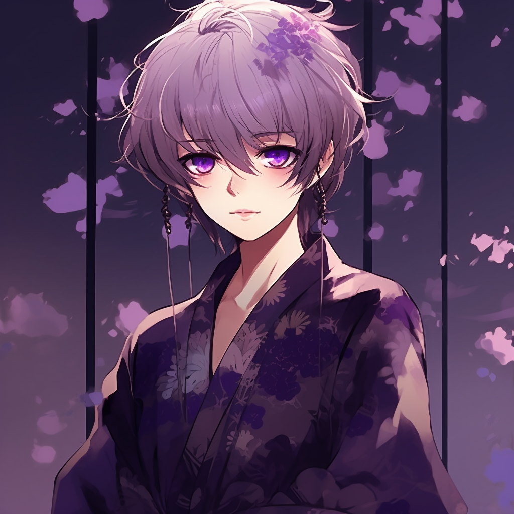 Anime girl in traditional kimono, adorned with purple flowers, delicate shading and fine details. female purple anime pfp pfp for discord.