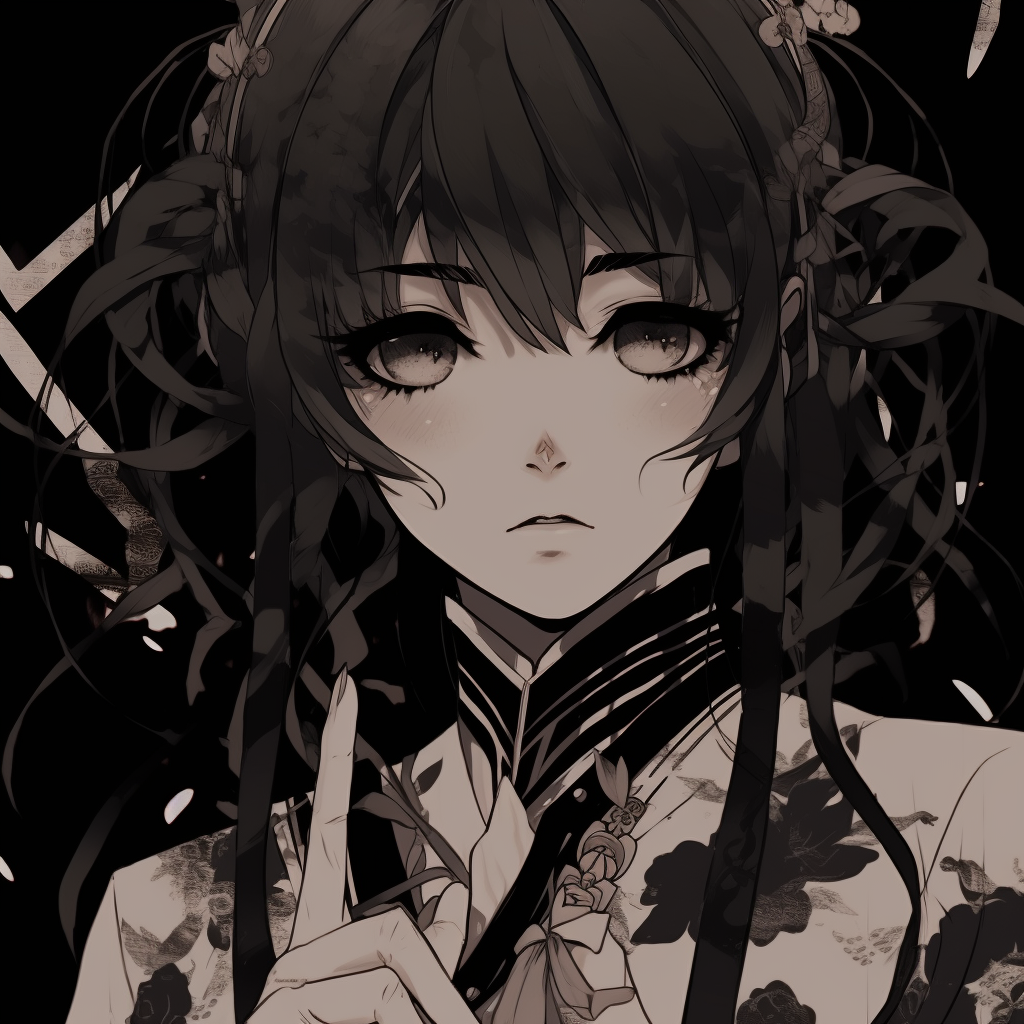 Female character in a black kimono, traditional anime linework and intricate details. anime black pfp for girls pfp for discord.