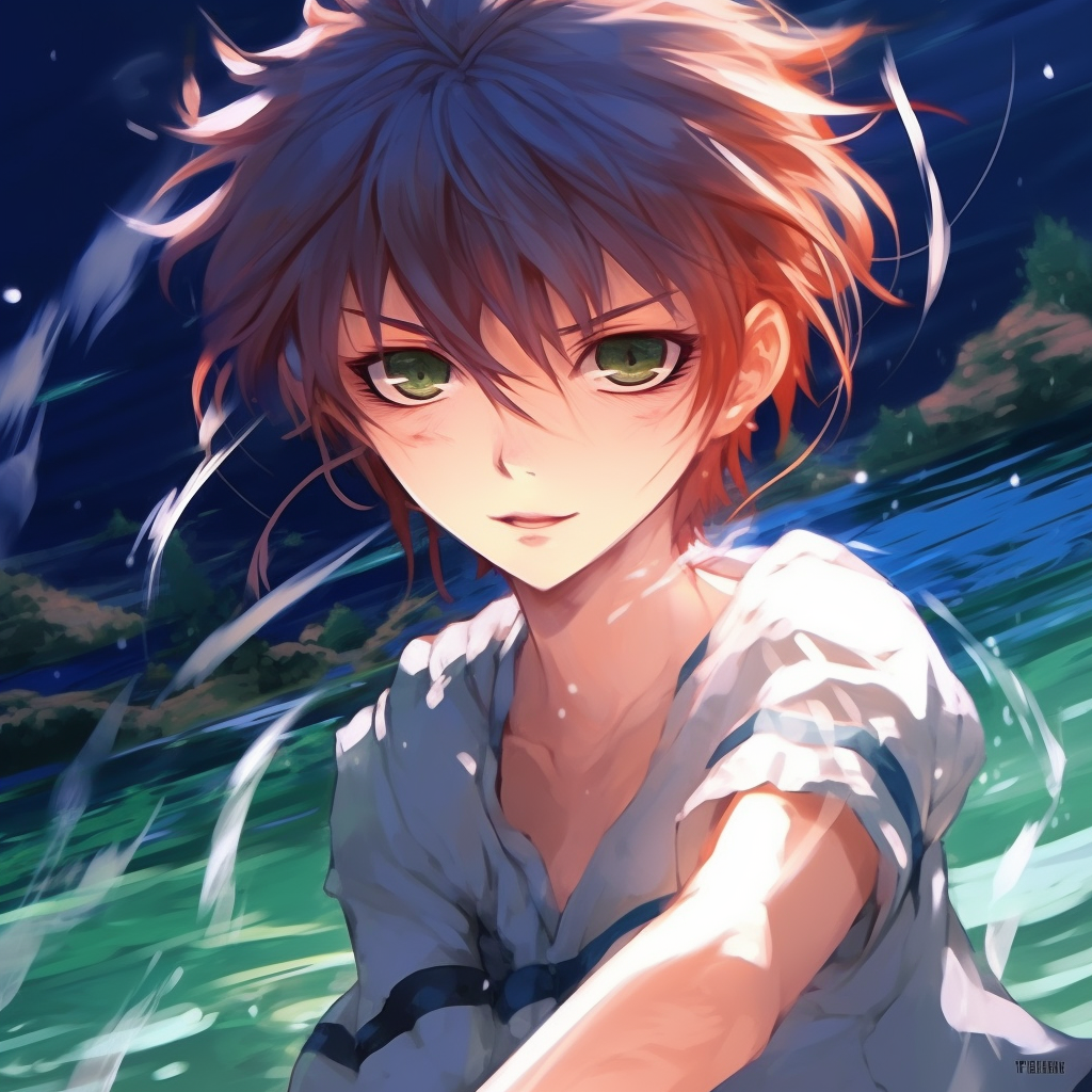Anime character near serene water body, cool colors and peace-filled expression. original high quality anime pfp collections
