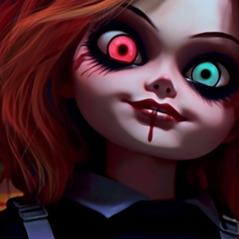 Chucky and Tiffany, demonstrating a disturbing form of affection, pastel colors with darker undertones. chucky and tiffany pfp ideas pfp for discord.