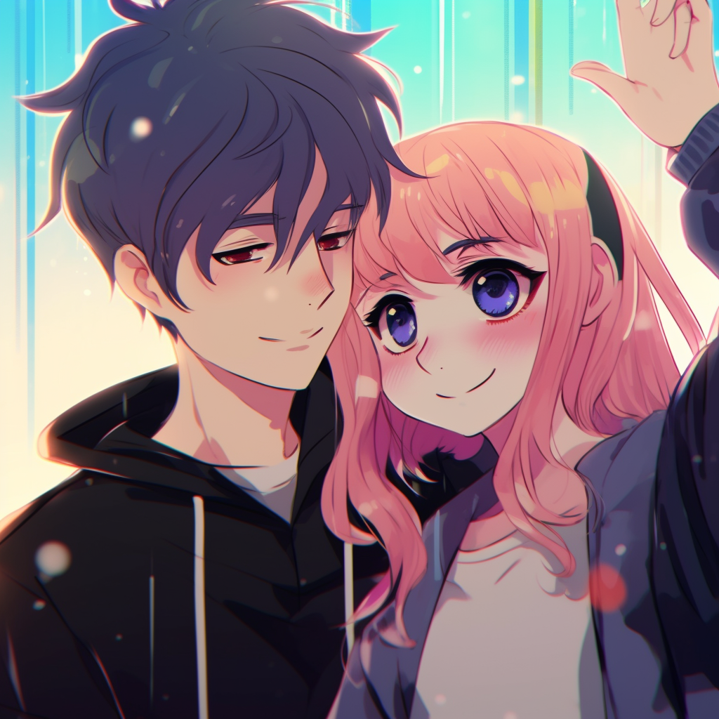 A cute anime couple taking a selfie, modern art style with bright color palette. cute anime couple pfp