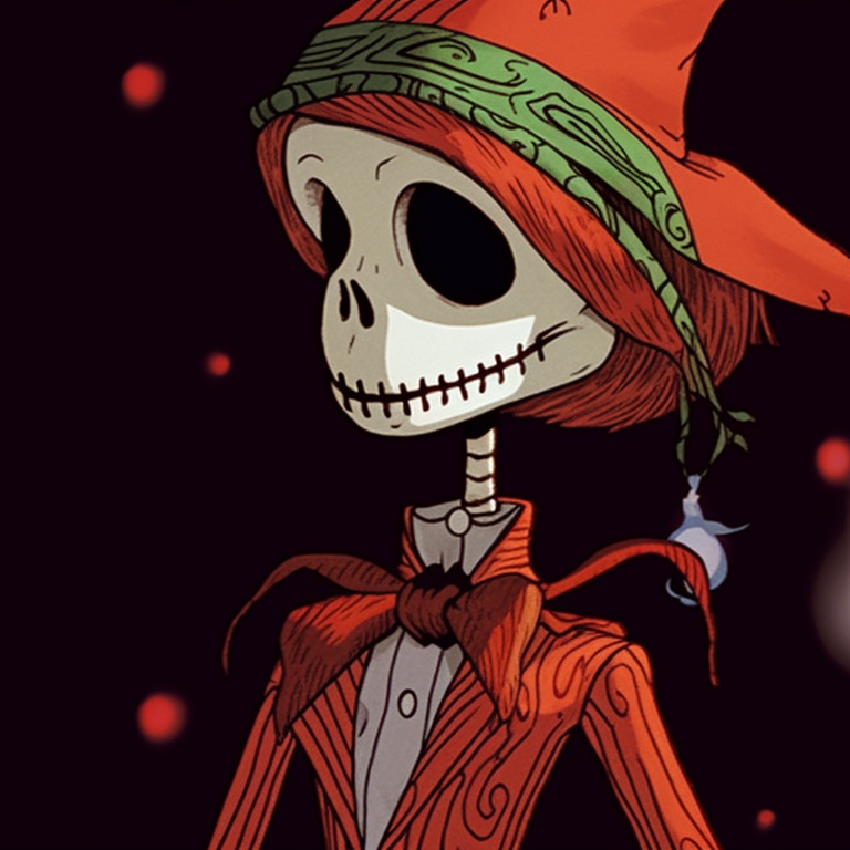 Two skull characters under a mistletoe, rich holiday palette and endearing expressions. holiday themed matching christmas skeleton pfp pfp for discord.