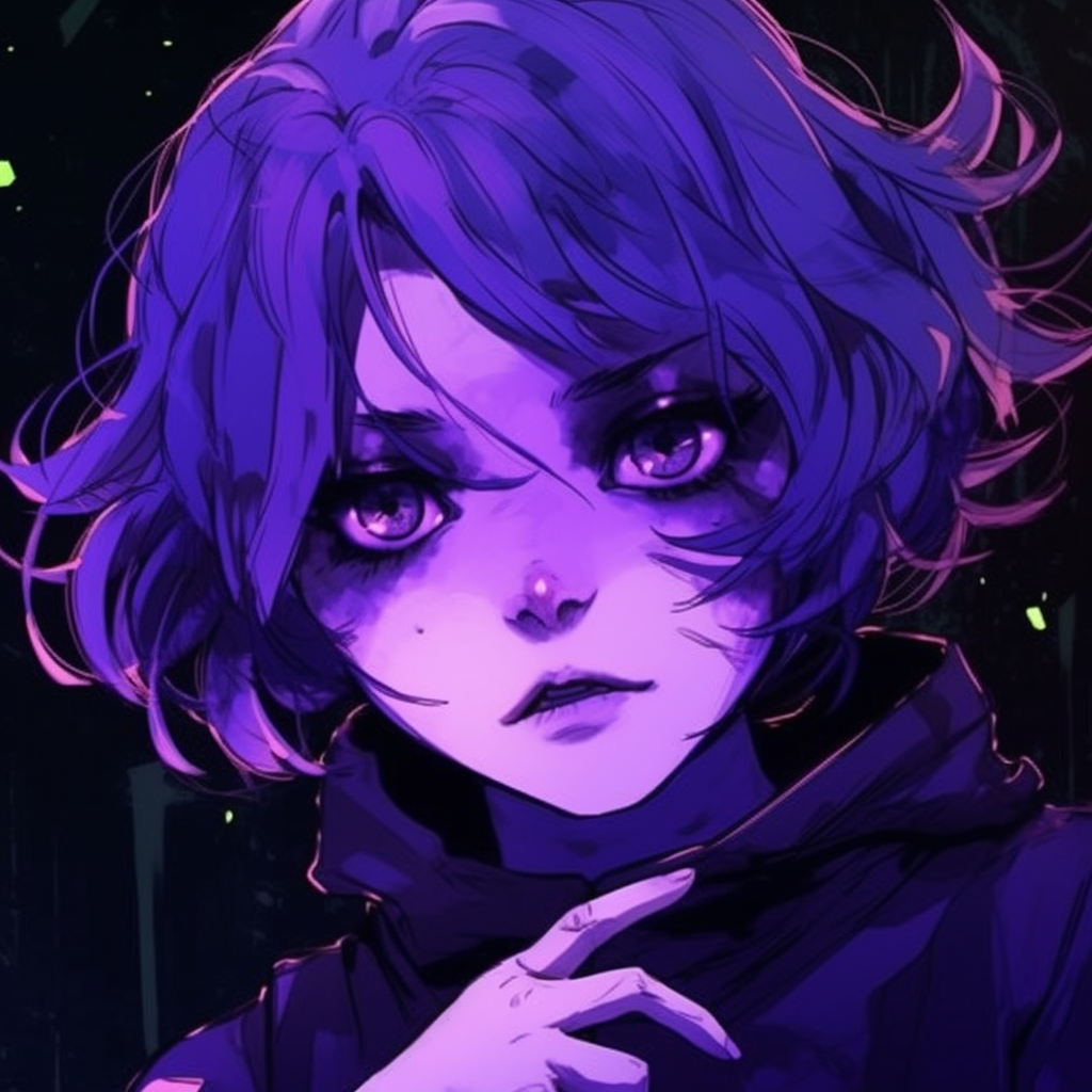 Dynamic representation of anime character immersed in a violet-hued environment, with focused hair and outfit detailing. majestic anime purple pfp pfp for discord.