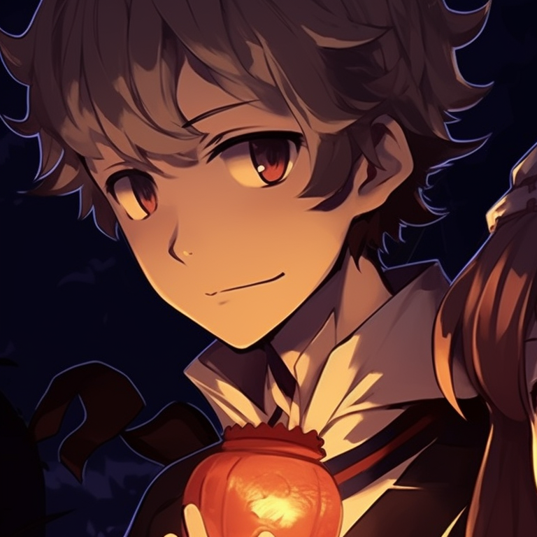 Two characters, under a moonlit sky, playfully imitating a trick or treat scene. halloween theme pfp characters from a silent voice pfp for discord.